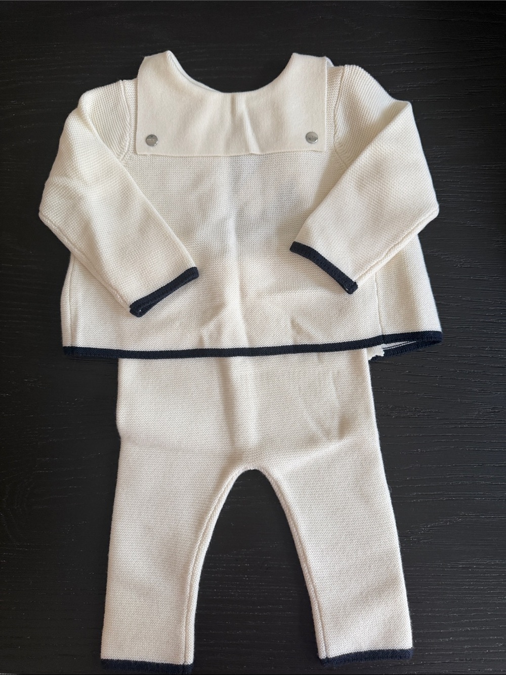 Jacadi Cream Knit Two-Piece Set with Navy Trim